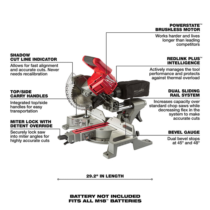 Milwaukee 2733-20 M18 FUEL 18V 7-1/4" Dual Bevel Sliding Miter Saw - Bare Tool