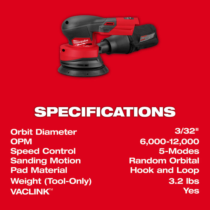 Milwaukee 2837-20 M18­ FUEL 18V 5" Random Orbital Sander - Bare Tool