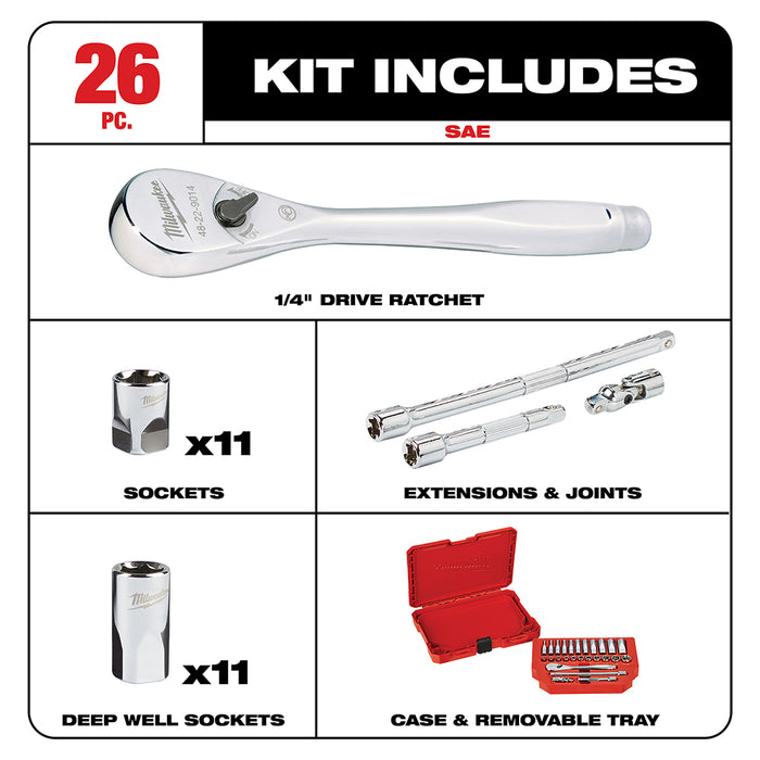 Milwaukee 48-22-9404 1/4-Inch Drive Durable SAE Ratchet and Socket Set - 26pc