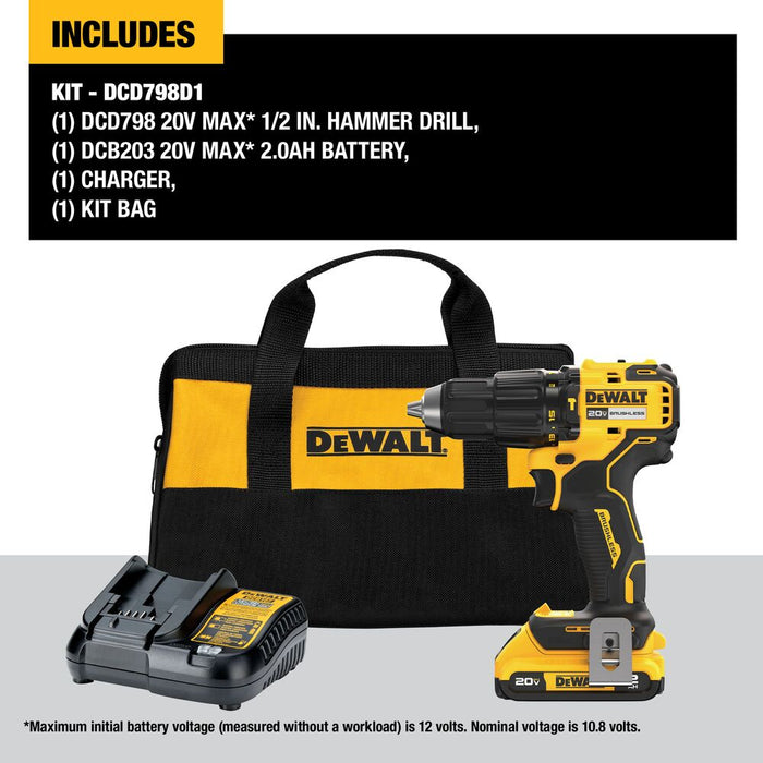 DeWALT DCD798D1 20V MAX 1/2" Brushless Cordless Li-Ion Hammer Drill Kit