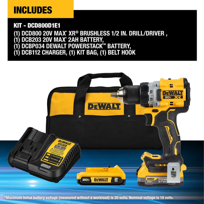 DeWALT DCD800D1E1 20V MAX XR 1/2" Brushless Cordless Drill/Driver Kit