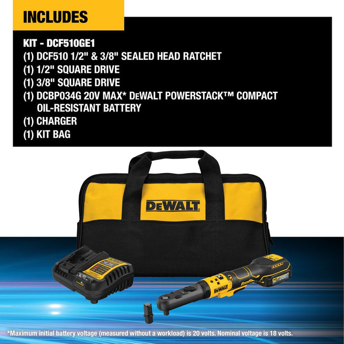 DeWALT DCF510GE1 20V MAX XR 3/8" - 1/ 2" Sealed Head Ratchet Kit w/ POWERSTACK