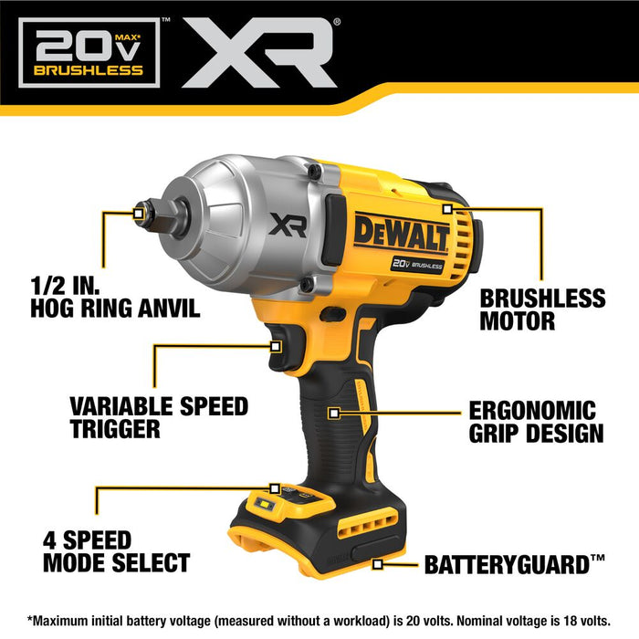 DeWALT DCF900B 20V MAX XR 1/2" High Torque Impact Wrench w/ Hog Ring Anvil