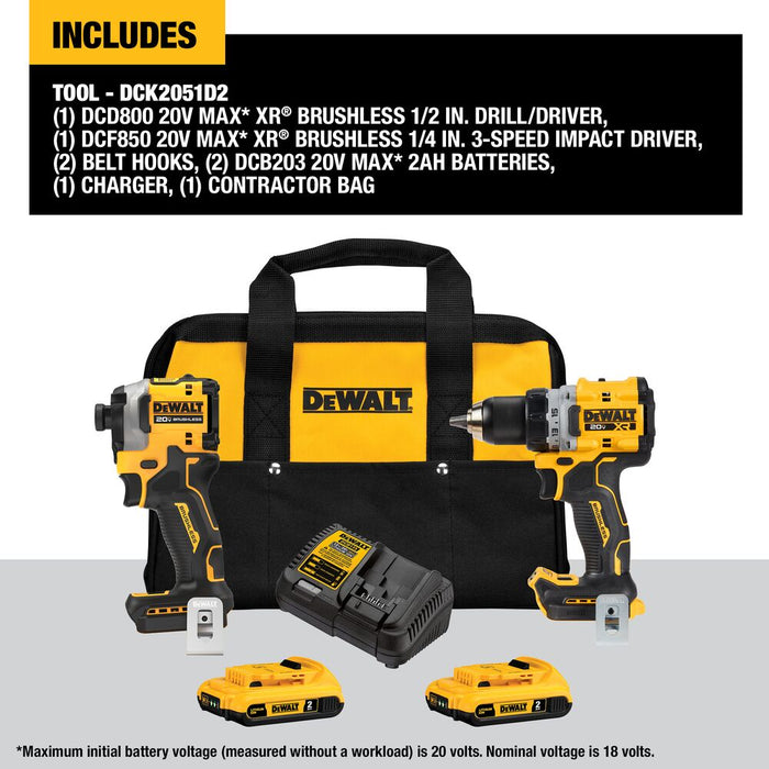 DeWALT DCK2051D2 20V MAX XR Compact Drill/Driver and Impact Driver Combo Kit