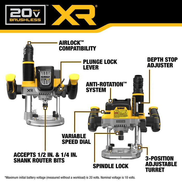 DeWalt DCW620B 20V MAX XR 2-1/4 HP Brushless Cordless Plunge Router - Bare Tool