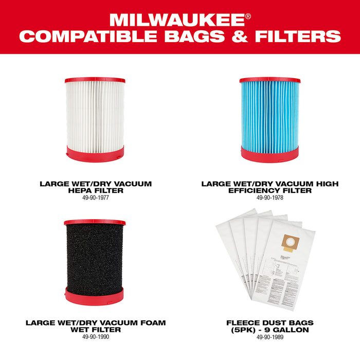 Milwaukee 0920-22HDB M18 FUEL 18V 9 Gallon Vacuum w/ HEPA Filter and Dust Bags