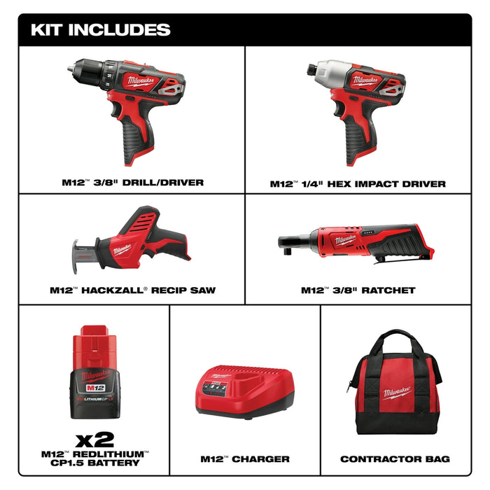 Milwaukee 2497-24B M12 12V Cordless Lithium-Ion 4-Tool Combo Kit