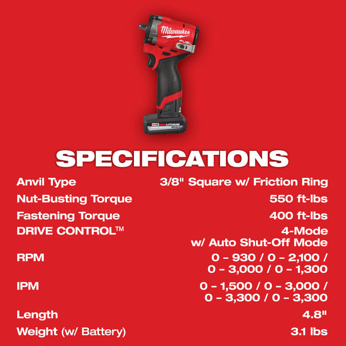 Milwaukee 2562-22 12V FUEL M12 3/8" Stubby Cordless Li-Ion Impact Wrench Kit