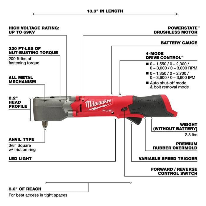 Milwaukee 2564-80 M12 FUEL 12V 3/8" Cordless Right Angle Impact Wrench - Recon