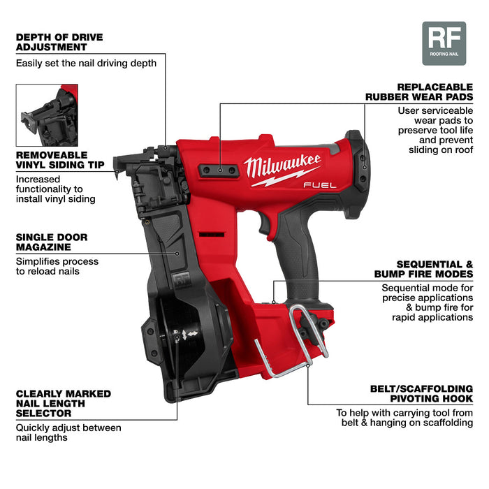 Milwaukee 2909-20 M18 FUEL 18V Cordless Li-Ion Coil Roofing Nailer - Bare Tool