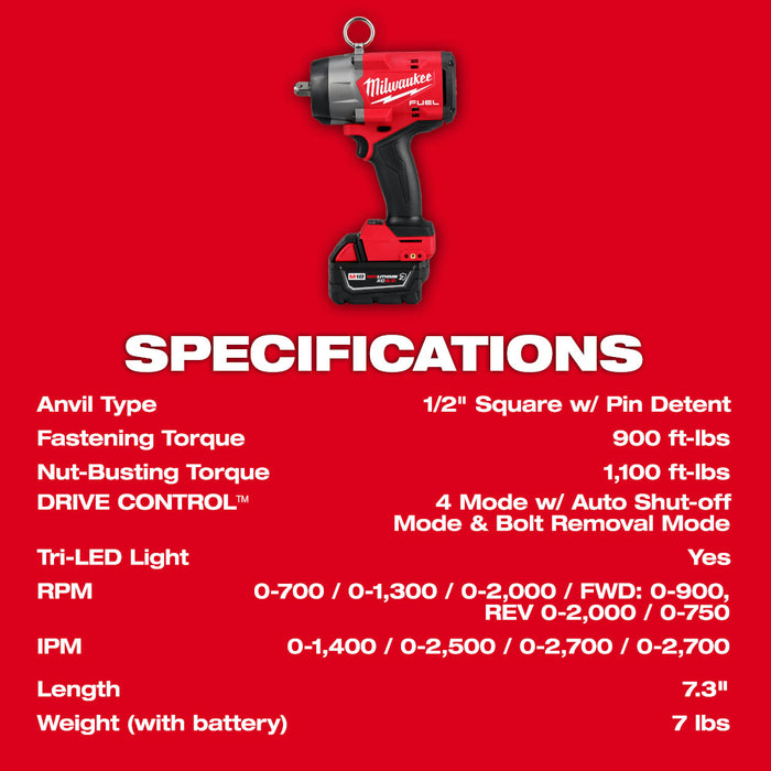 Milwaukee 2966-22 M18 FUEL 18V 1/2" High Torque Impact Wrench w/ Pin Detent Kit