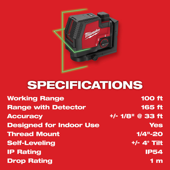 Milwaukee 3521-21 REDLITHIUM USB Rechargeable Cordless Green Cross Line Laser