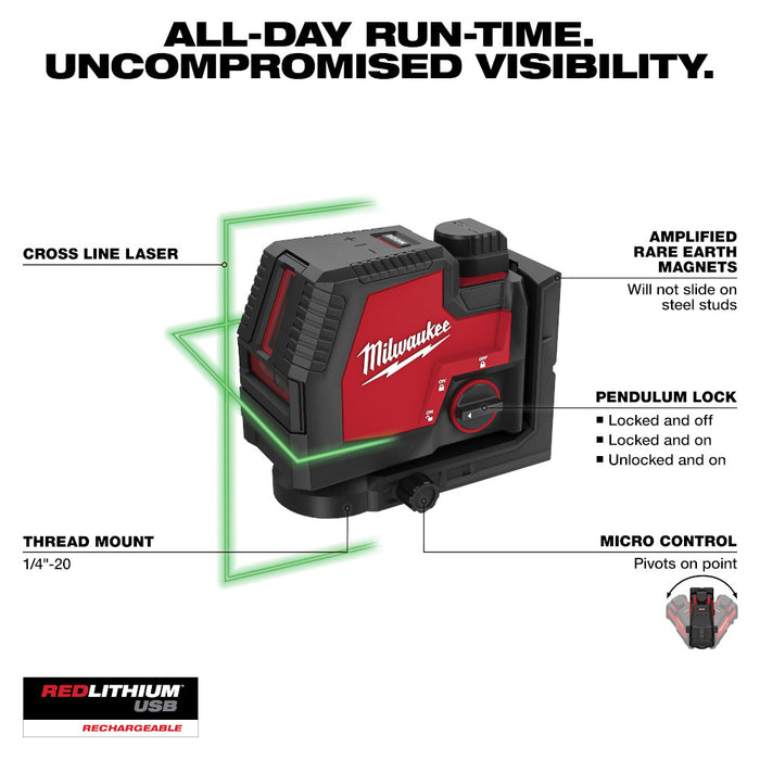 Milwaukee 3521-21 REDLITHIUM USB Rechargeable Cordless Green Cross Line Laser