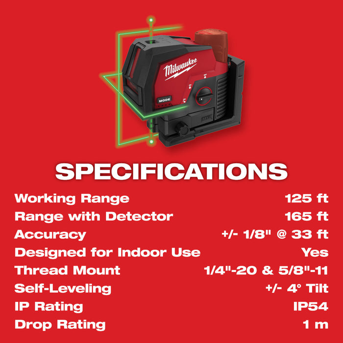 Milwaukee 3622-20 M12 12V Cordless Green Cross Line w/ Plumb Points Laser Level