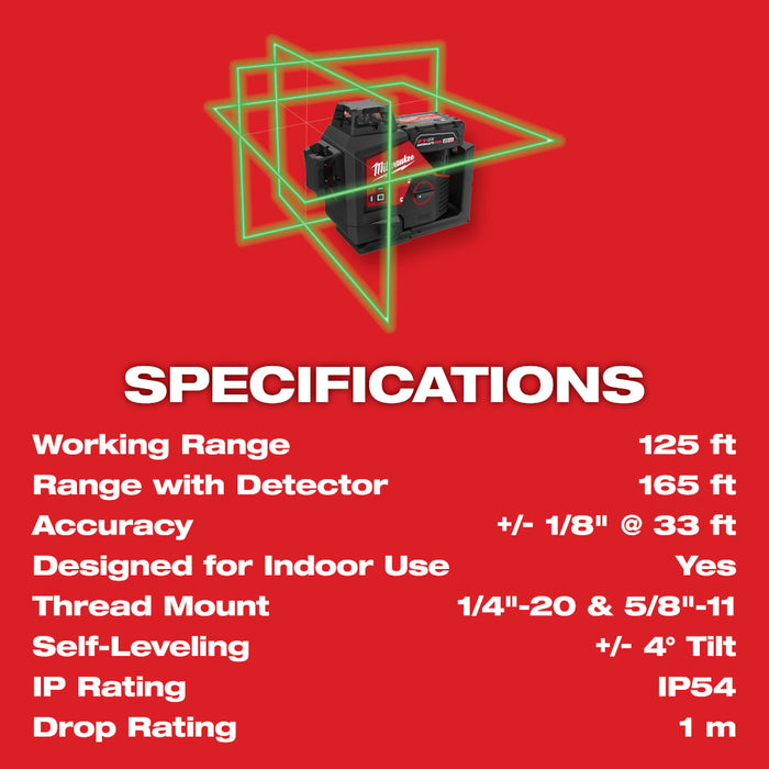 Milwaukee 3632-21 M12 12V Lithium-Ion Cordless Green 3-Plane Laser Level Kit