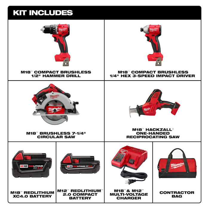 Milwaukee 3693-24CX M18 18V 4 Cordless Tool Combo Kit w/ Battery