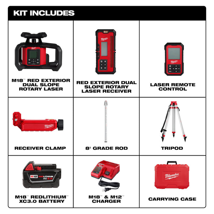 Milwaukee 3704-21T M18 18V Red Exterior Dual Slope Rotary Laser Kit w/ Receiver