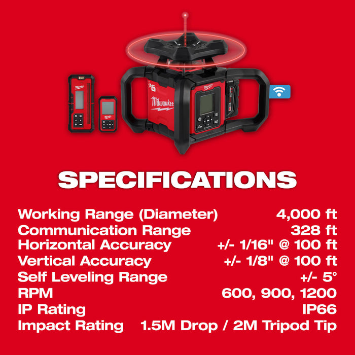 Milwaukee 3704-21T M18 18V Red Exterior Dual Slope Rotary Laser Kit w/ Receiver