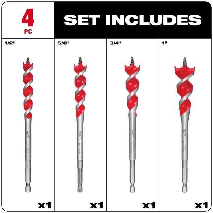 Milwaukee 48-13-0400 6-1/2" SPEED FEED Wood Bit Set w/ Double Wing Spurs - 4 PC