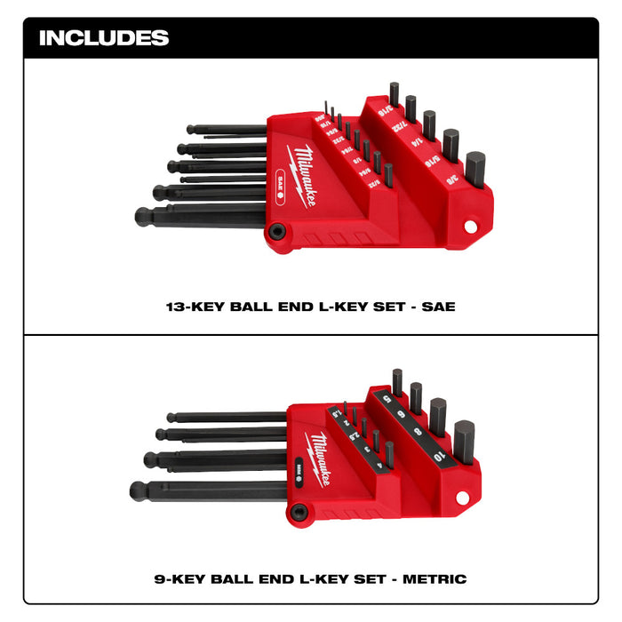 Milwaukee 48-22-2187 22-Key Ball End L-Key Set - SAE/Metric