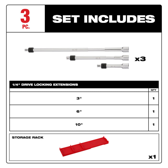 Milwaukee 48-22-9360 1/4" Drive Locking Extension Set w/ Storage Rack - 3 PC