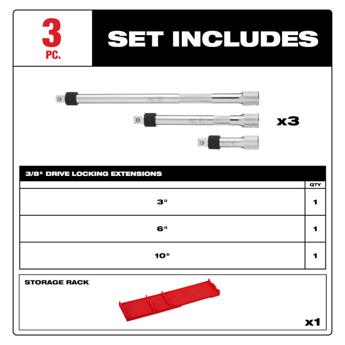 Milwaukee 48-22-9361 3/8" Drive Locking Extension Set w/ Storage Rack - 3pc