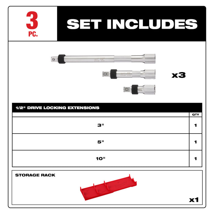 Milwaukee 48-22-9362 1/2" Drive Locking Extension Set w/ Storage Rack - 3pc