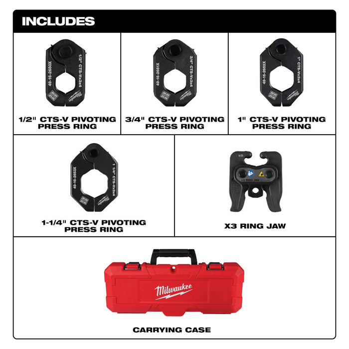 Milwaukee 49-16-2490X 1/2"- 1-1/4" CTS-V Pivoting Press Ring Kit M12 FORCE LOGIC