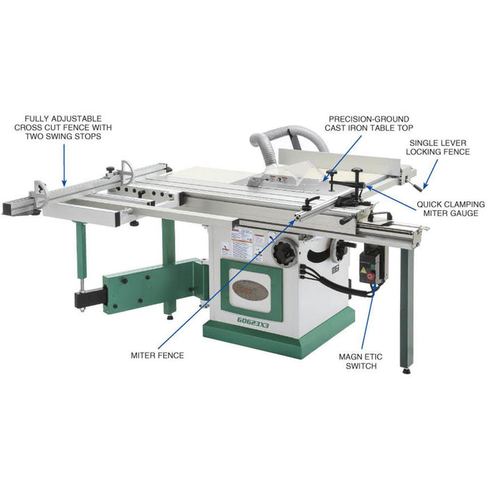 Grizzly G0623X3 220V/440V 10 In 7 HP 3-Phase Extreme Serie Sliding Table Saw