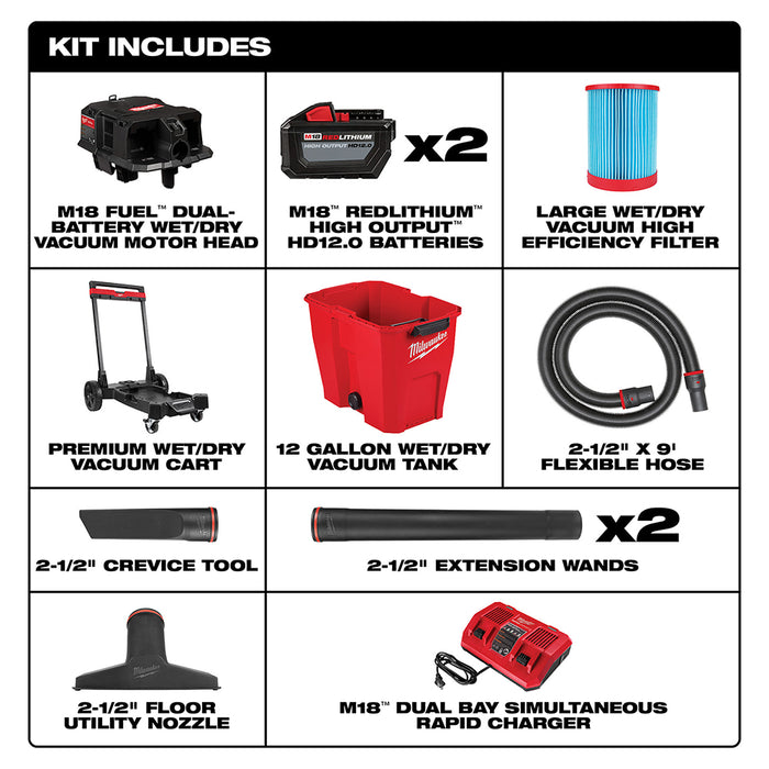 Milwaukee 0930-22HDB M18 FUEL 18V 12 Gallon Wet/Dry Vacuum Kit w/ Air-Tip Kit