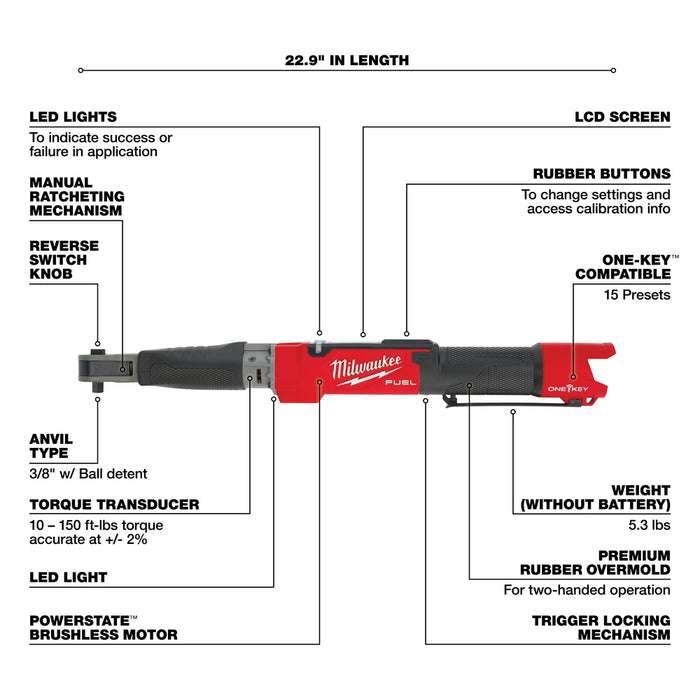 Milwaukee 2465-80 M12 FUEL 12V 3/8" Torque Wrench w/ ONE-KEY - Bare Tool - Recon