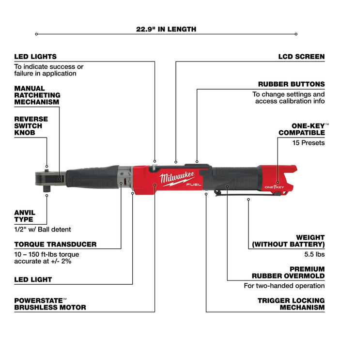 Milwaukee 2466-20 M12 FUEL 12V 1/2" Digital Torque Wrench w/ONE-KEY -Bare Tool