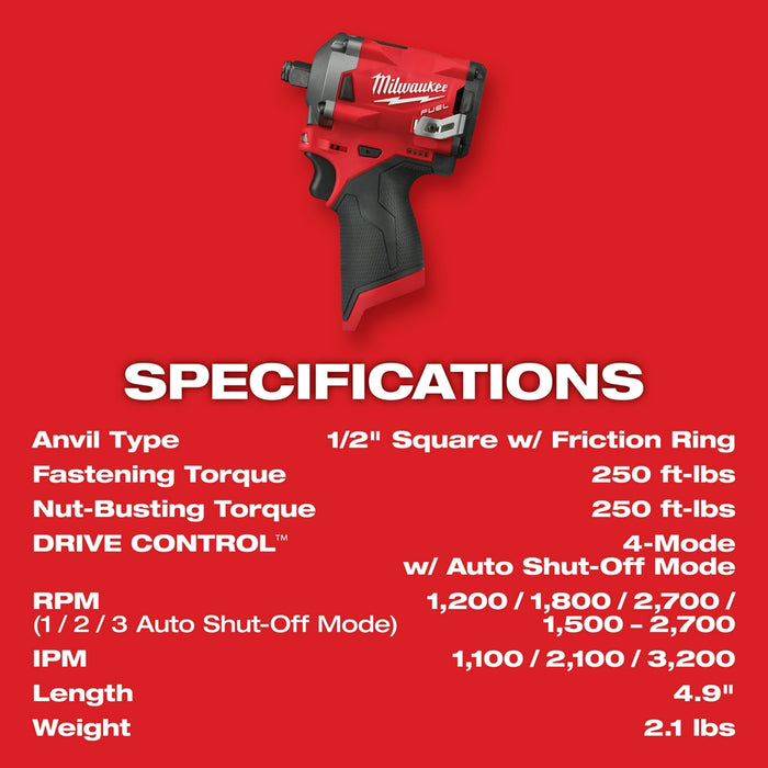 Milwaukee M12 2555-22 M12 FUEL 12V 1/2-Inch Cordless Stubby Impact Wrench  Kit
