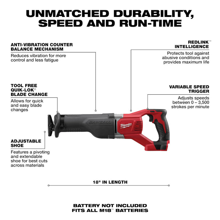 Milwaukee 2621-20 M18 18V 18-Inch SAWZALL Reciprocating Saw - Bare Tool