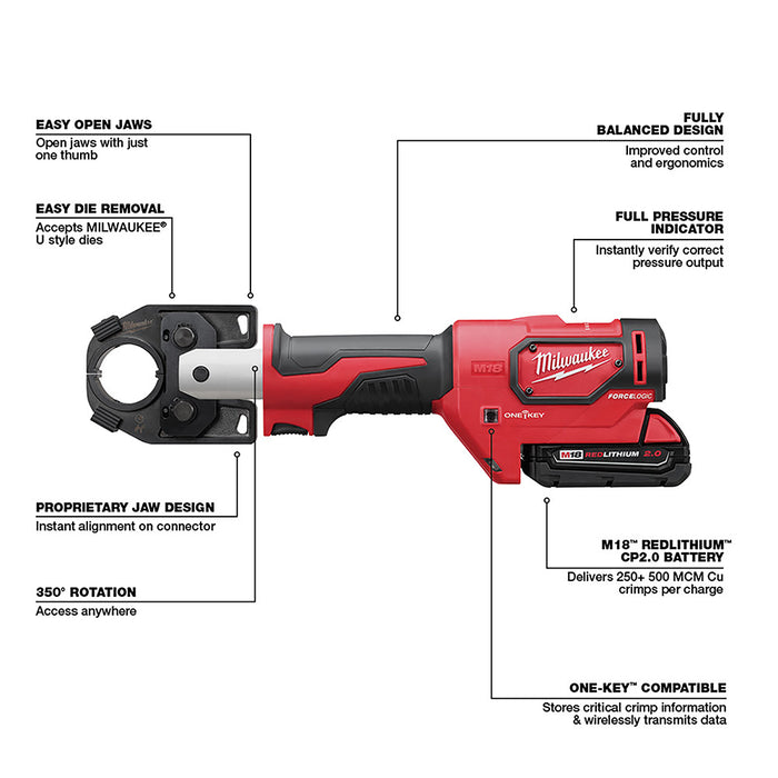 Milwaukee 2679-22B M18 18V FORCE LOGIC 600 MCM Crimper Kit w/ Cable Stripper Dies