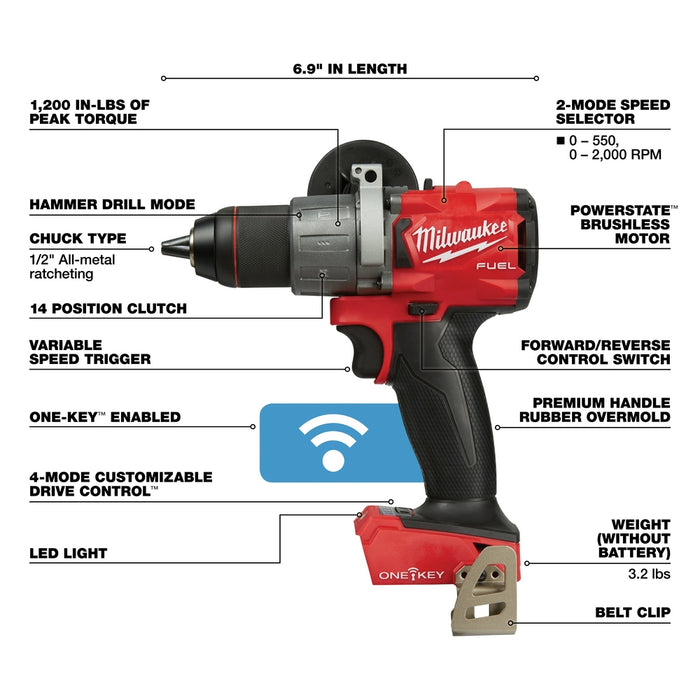 Milwaukee 2806-80 M18 FUEL 18V 1/2" Cordless Hammer Drill - Bare Tool - Recon