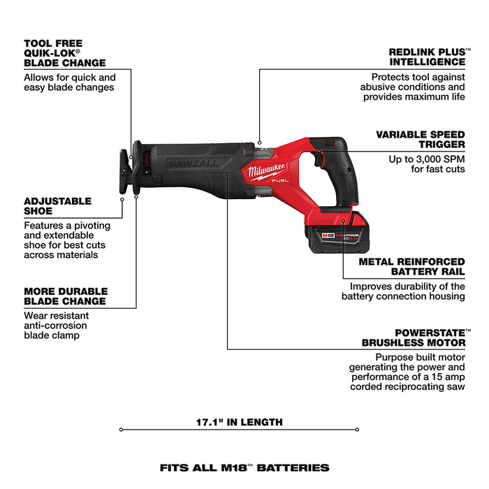 Milwaukee 2821-21F M18 FUEL Sawzall Kit w/M18 Redlithum FORGE XC6.0 Battery Pack