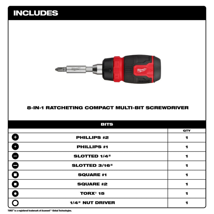 Milwaukee 48-22-2913 8-in-1 Ratcheting Compact Multi-Bit Screwdriver