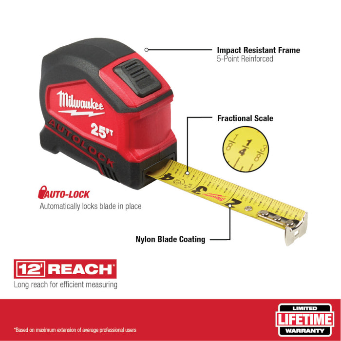 Milwaukee 48-22-6825 25' Compact Heavy Duty Auto Lock Tape