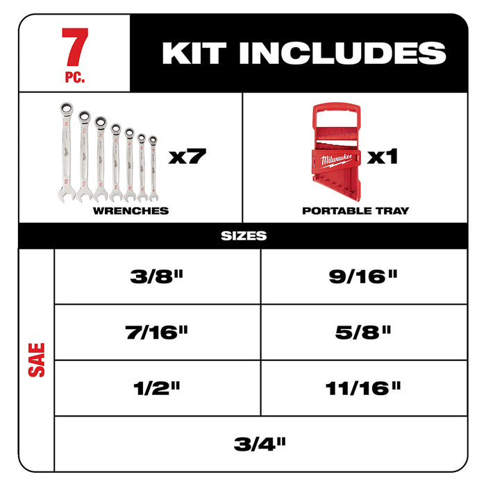 Milwaukee 48-22-9406 Durable SAE Ratcheting Combination Wrench Set - 7pc