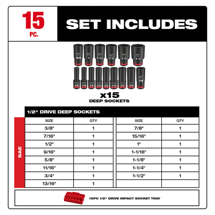 Milwaukee 49-66-6817 SHOCKWAVE 1/2" Impact Duty Socket SAE TRAY Set - 15 PC