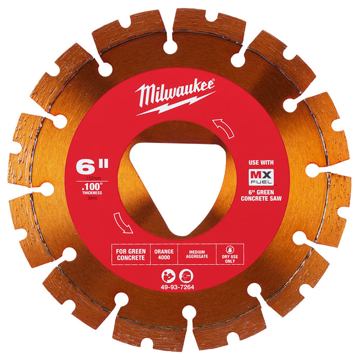 Milwaukee 49-93-7264 Orange 6" x 0.100" Diamond Blade for Green Concrete Saw