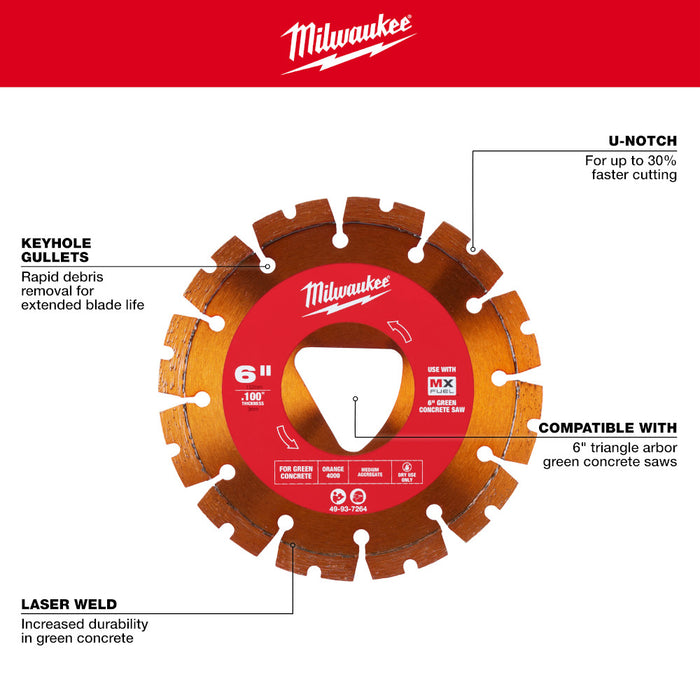 Milwaukee 49-93-7264 Orange 6" x 0.100" Diamond Blade for Green Concrete Saw