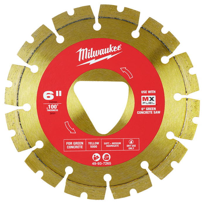 Milwaukee 49-93-7265 Yellow 6" x .100" Diamond Blade for Green Concrete Saw